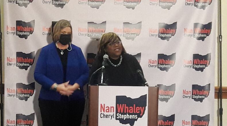 Democratic gubernatorial candidate Nan Whaley, left, introduces her running mate Cheryl Stephens, president of the Cuyahoga County Council, on Jan. 5, 2022.