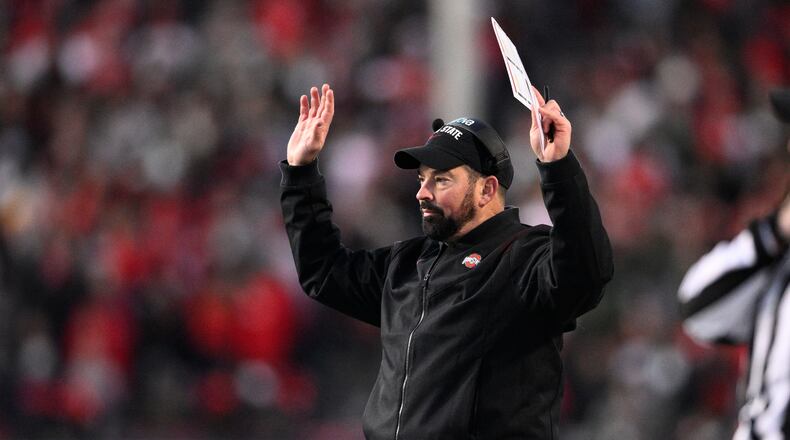 Ohio State head coach Ryan Day gestures during the first half of an NCAA college football game against Maryland, Saturday, Nov. 19, 2022, in College Park, Md. (AP Photo/Nick Wass)