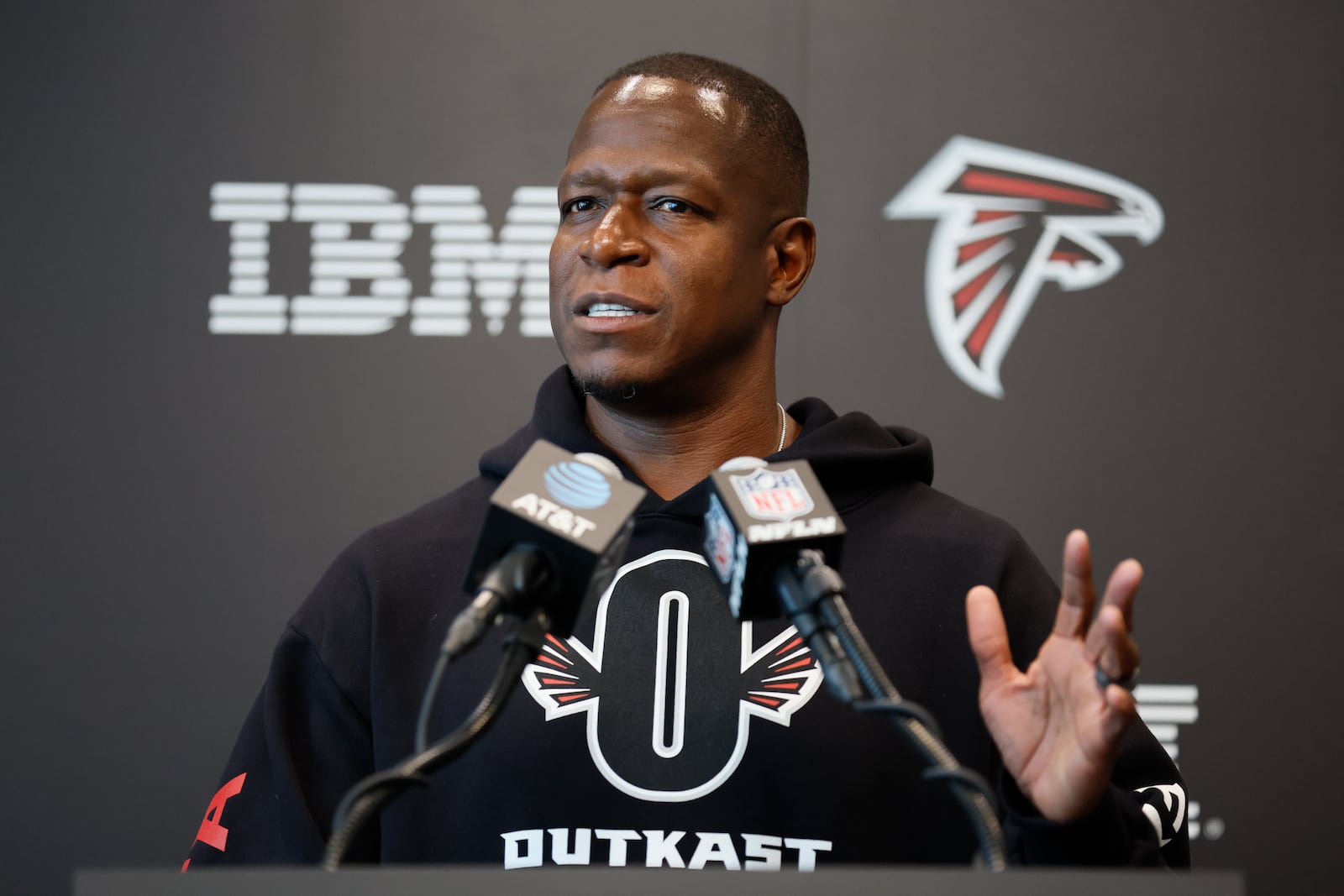 Atlanta Falcons Coach Raheem Morris speaks to the media prior to the first open training NFL football camp on Thursday, July 24, 2022, in Flowery Branch, Ga. (Miguel Martinez/Atlanta Journal-Constitution via AP)