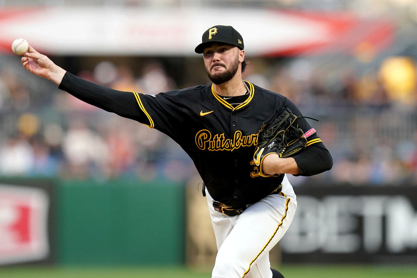 Pittsburgh Pirates pitcher Paul Skenes delivers during the second inning of a baseball game against the Washington Nationals, Monday, April 14, 2025, in Pittsburgh. (AP Photo/Matt Freed)