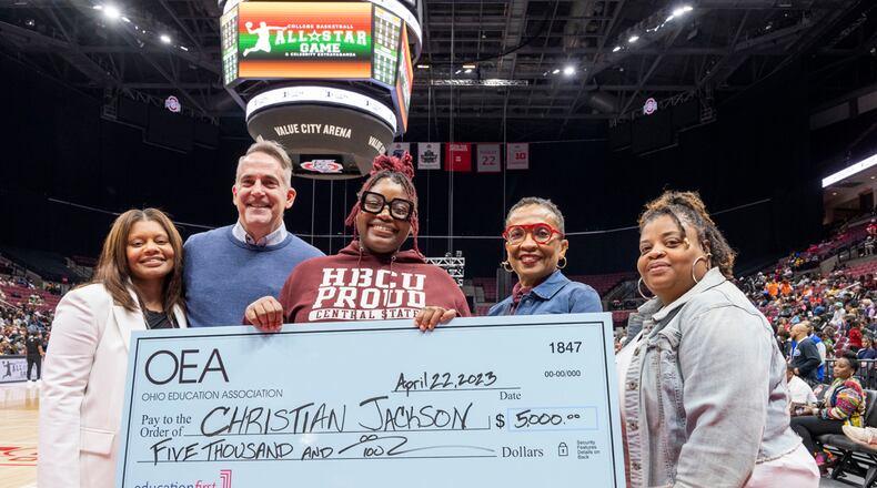 Pictured from left: Ohio Education Association’s Assistant Executive Director Airica Clay; Ohio Education Association Vice President Jeff Wensing; Christian “Chrissy” Jackson; Central State University College of Education Interim Dean Lillian Drakeford; and Christian “Chrissy” Jackson mother Shonda Peavy. Contributed