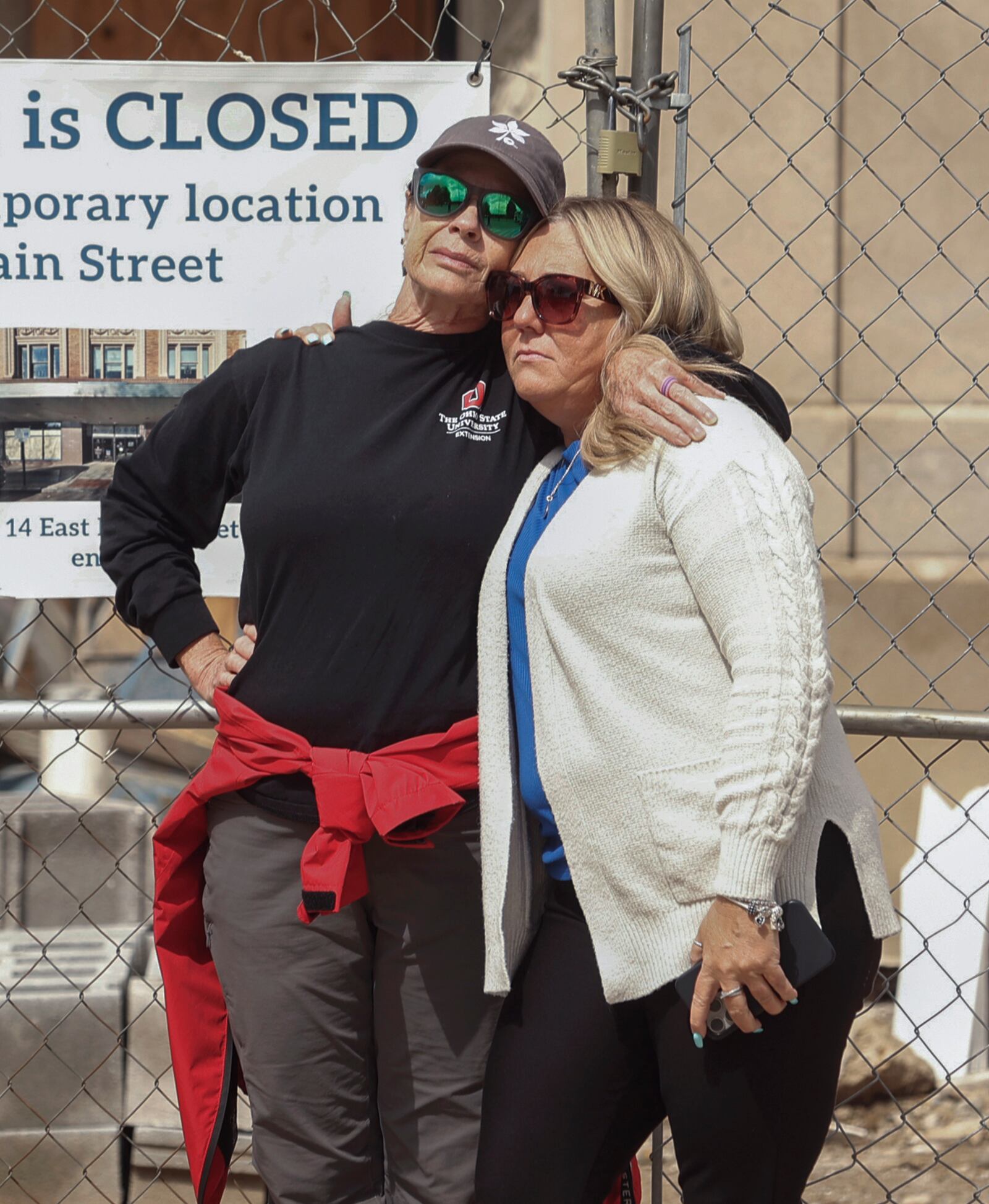 Pam Bennett, left, consoles Tracy Yates during the Public Safety Forces Day on Friday, May 2, 2025, near the Clark County Public Safety Memorial. Tracy's husband Clark County Sheriff's Deputy Matthew Yates was killed on the line of duty in 2022. JOSEPH COOKE/STAFF
