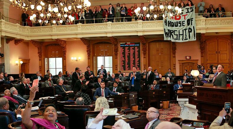 Gov. Mike DeWine speaks before signing a bill imposing one of the nation's toughest abortion restrictions, Thursday, April 11, 2019 in Columbus, Ohio. DeWine's signature makes Ohio the fifth state to ban abortions after the first detectable fetal heartbeat. That can come as early as five or six weeks into pregnancy, before many women know they're pregnant.
