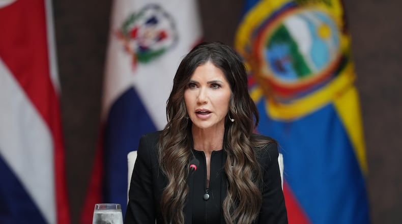 Secretary of Homeland Security Kristi Noem delivers remarks at a working lunch at the Shield of the Americas Summit, Saturday, March 7, 2026, at Trump National Doral Miami in Doral, Fla. (AP Photo/Rebecca Blackwell)