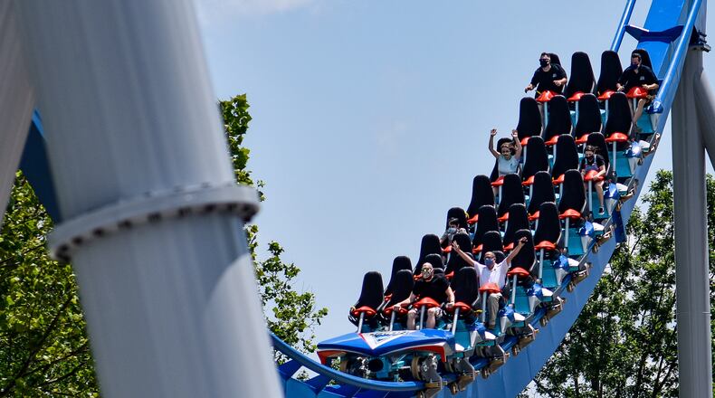The Orion giga coaster is new this year in the new Area 72 at Kings Island in Mason. Orion is 5,321 feet long, 287 feet tall with a first drop of 300 feet and will reach speeds up to 91 miles per hour. Kings Island opens to pass holders July 2 with numerous protocols in place to decrease the chance of spread of COVID-19.  NICK GRAHAM / STAFF