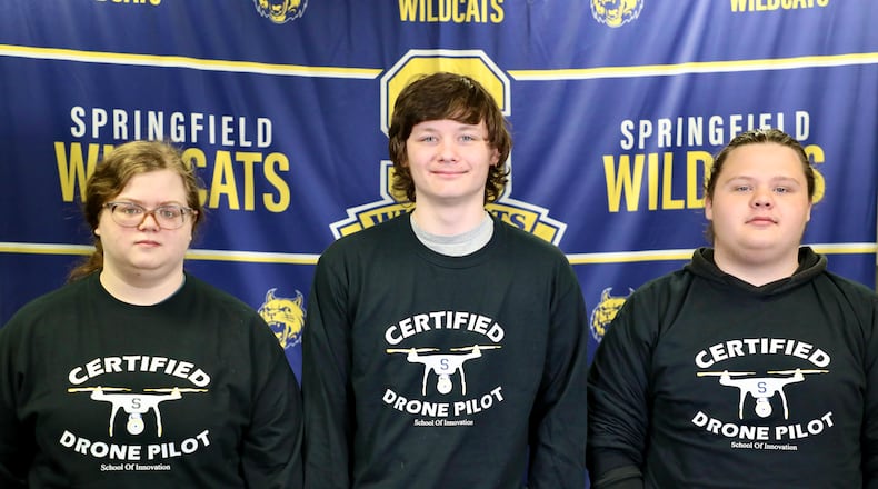 School of Innovation (SOI) students (from left to right) are Kylie Gourley, Sterling Wagner-Pyles and Leland Davis, recently earned their certifications to fly drones. Contributed