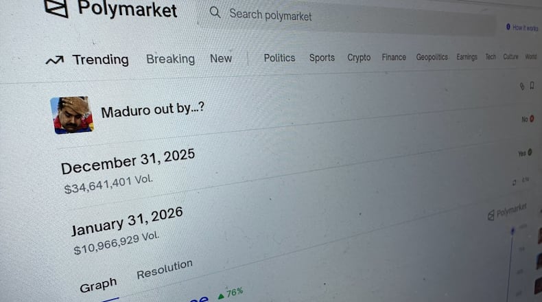 FILE - The Polymarket prediction market website is displayed on a computer screen, Jan. 11, 2026, in New York. (AP Photo/Wyatte Grantham-Philips, File)