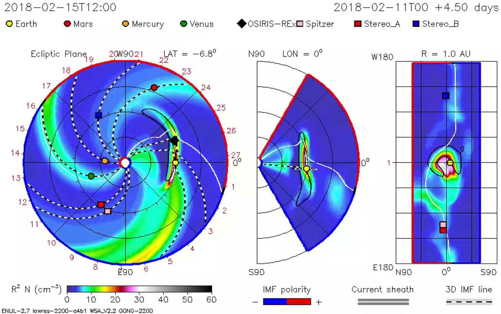 Computer model showing the solar storm heading towards earth (yellow dot) 7pm Thursday