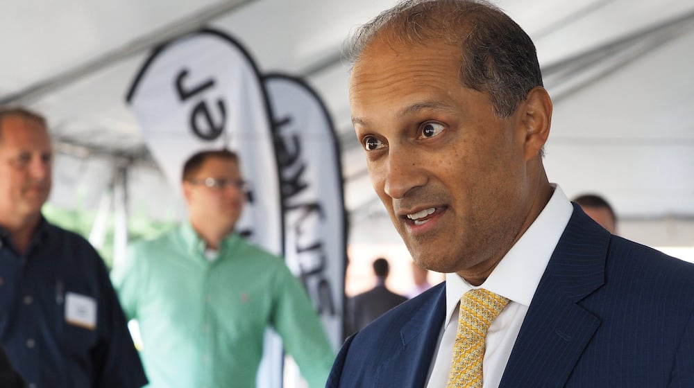 FILE - Stryker CEO Kevin Lobo is seen at a groundbreaking ceremony for their building in Portage, Mich., July 24, 2017. (Mark Bugnaski/Kalamazoo Gazette-MLive Media Group via AP, File)