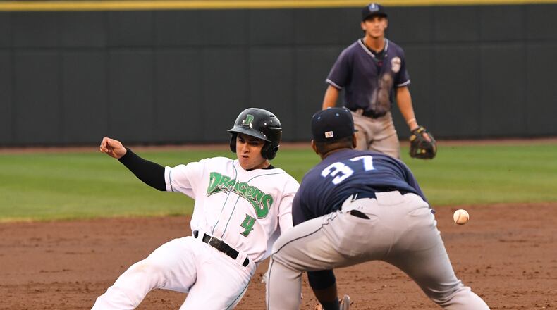 Dayton’s Alejo Lopez slides into third during a game against Lake County on Aug. 16, 2018, at Fifth Third Field. Nick Falzerano/CONTRIBUTED