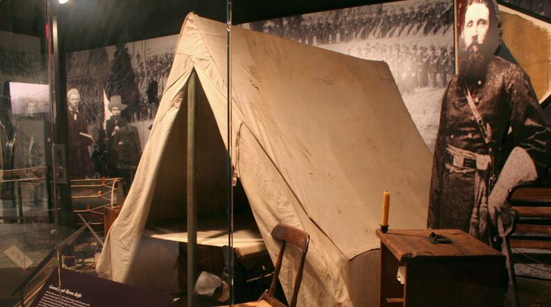 Ralph and William Hunt grew up on the Hunt Farm, the former Simon Kenton Homestead. When the Civil War began Ralph volunteered promptly and was captured at Bull Run in September 1861 and was imprisoned Libby Prison in Richmond. Upon his release he returned to duty, eventually achieving the rank of Major. After finishing college, his younger brother William joined the cause and their sister and mother also did their part working with the Sanitary Corps and the Soldiers Aid Society. When the brothers returned home, they stored their tent and other items in the homestead attic where they were discovered decades later in impeccable condition. PHOTO COURTESY OF THE CLARK COUNTY HISTORICAL SOCIETY