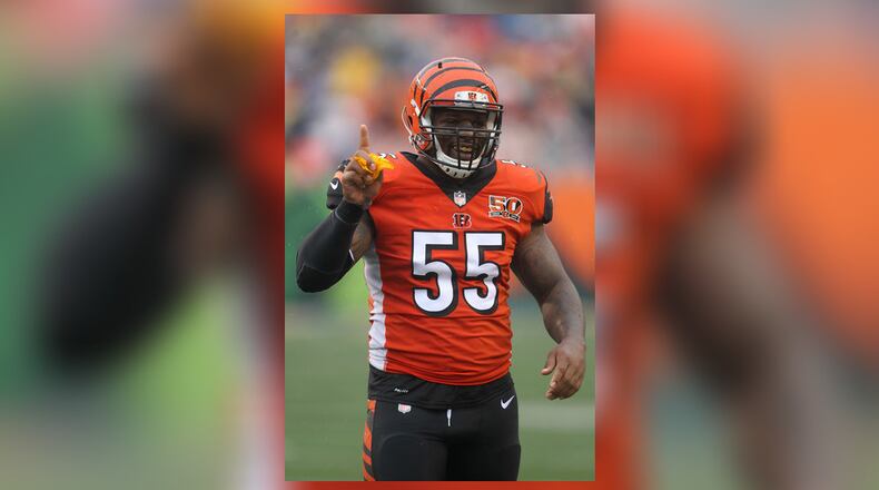 Vontaze Burfict #55 of the Cincinnati Bengals reacts after making a defensive stop during the third quarter of the game against the Buffalo Bills at Paul Brown Stadium on October 8, 2017 in Cincinnati, Ohio. (Photo by John Grieshop/Getty Images)