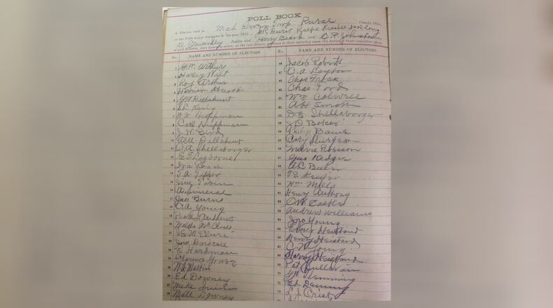 Handwritten list in the Poll Book of those who voted. Photo by Roland Kankey.