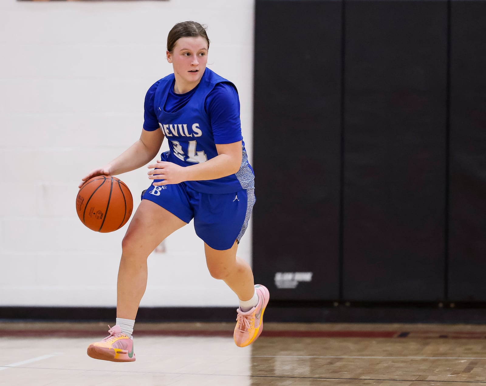 Brookville's Megan Luebke dribbles the ball during their basketball game against Madison Saturday, Feb. 10, 2024 at Madison High School. Madison won 37-32. NICK GRAHAM/STAFF