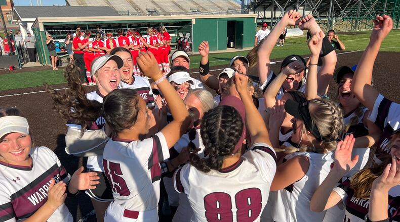 Lebanon celebrates its 7-0 win over Fairfield in a Division I regional final at Mason on May 26, 2023. Chris Vogt/CONTRIBUTED