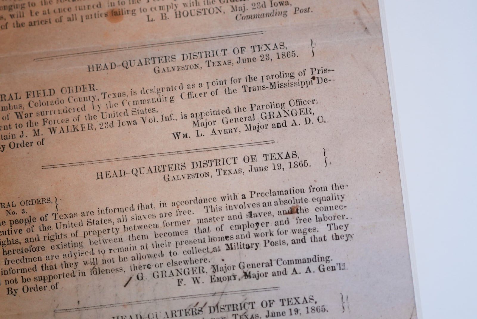 A view of a section of the 1865 Juneteenth General Order No. 3 that is displayed by the Dallas Historical Society at the Fair Park Hall of State in Dallas, Friday, June 6, 2025. (AP Photo/LM Otero)