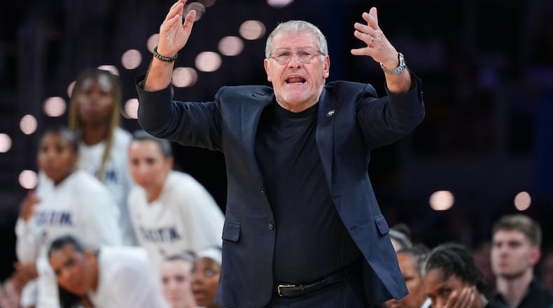 UConn head coach Geno Auriemma reacts to play in the first half in the Sweet 16 of the NCAA college basketball tournament against North Carolina, Friday, March 27, 2026, in Fort Worth, Texas. (AP Photo/Julio Cortez)