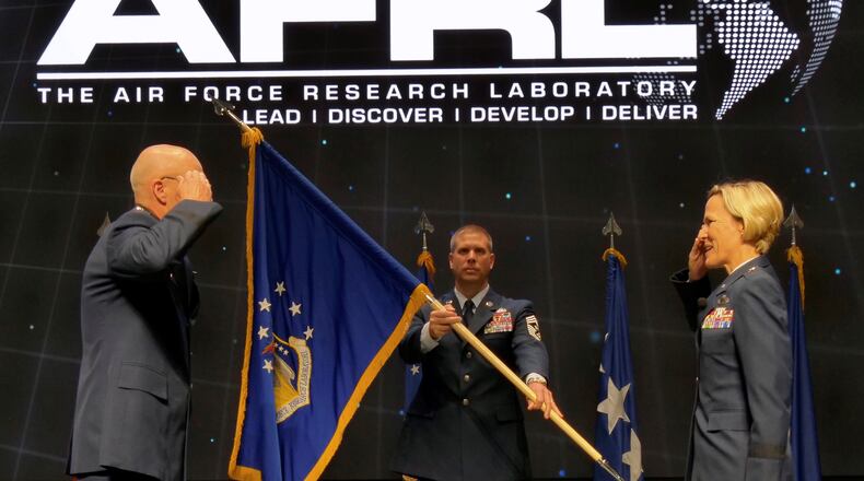 Brig. Gen. Heather Pringle assumes command of the Air Force Research Laboratory at Wright Patterson Air Force Base from Gen. Arnold Bunch Jr., commander, Air Force Materiel Command, Thursday at the Air Force Institute of Technology’s Kenney Hall Auditorium.