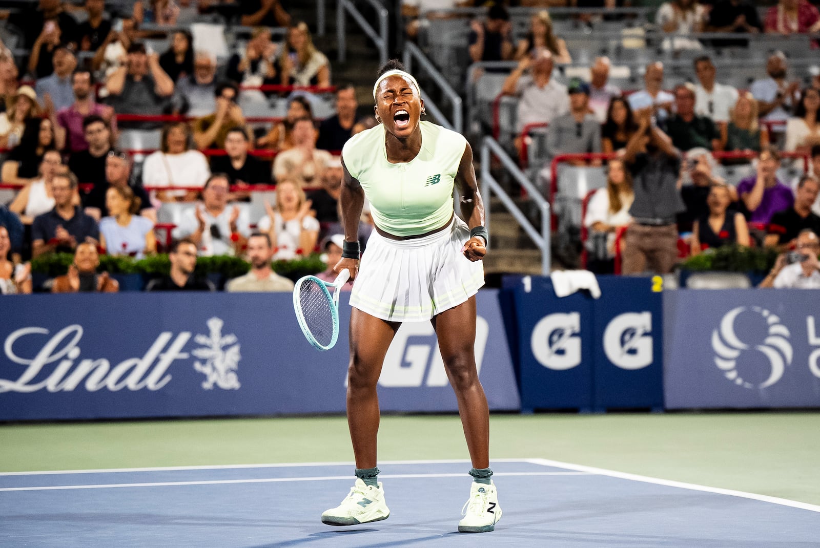 Coco Gauff of the USA celebrates after defeating Danielle Collins of the USA during second round tennis at the National Bank Open tennis tournament in Montreal on Tuesday, July 29, 2025. (Christopher Katsarov/The Canadian Press via AP)