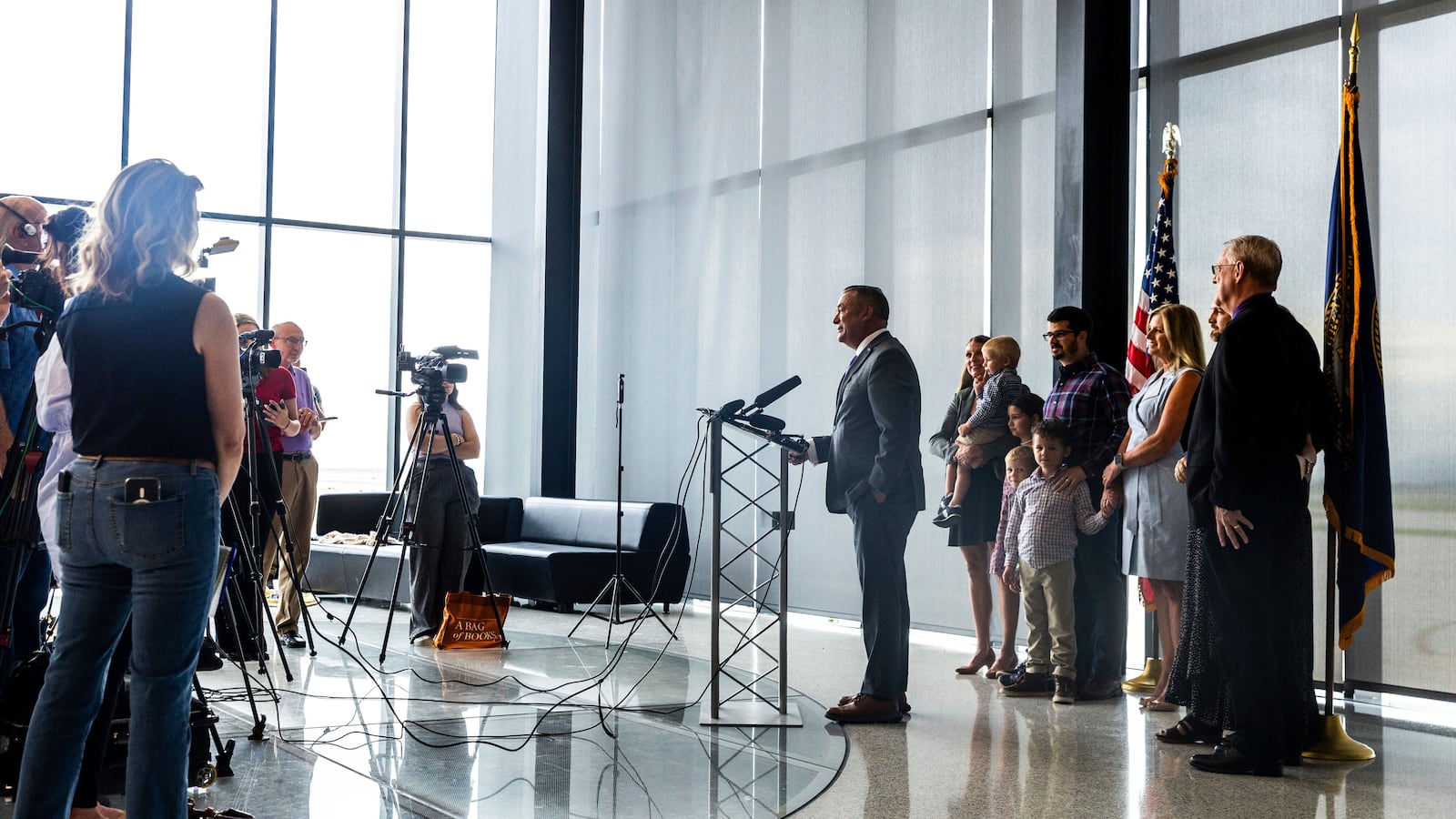 Rep. Don Bacon, R-Neb. announces his retirement during a press conference at Eppley Airfield in Omaha, Neb. on Monday, June 30, 2025. (Chris Machian/Omaha World-Herald via AP)