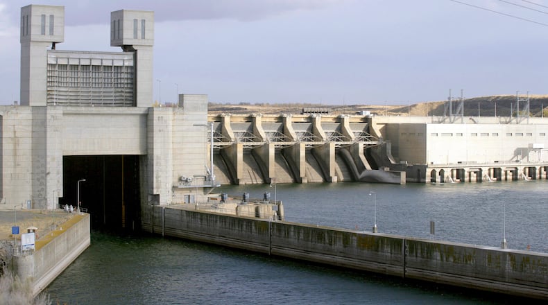 FILE - This photo shows the Ice Harbor dam on the Snake River in Pasco, Wash, Oct. 24, 2006. (AP Photo/Jackie Johnston, File)