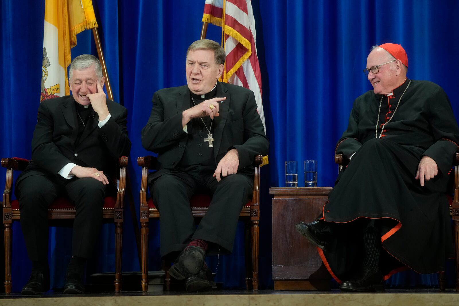 From left, U.S. Cardinals, Blase Cupich of Chicago, Joseph Tobin of Newark, and Timothy Dolan of NY, attend a press conference at the North American College in Rome, Friday, May 9, 2025, one day after U.S. Cardinal Robert Francis Prevost was elected Pope Leo XIV. (AP Photo/Gregorio Borgia)