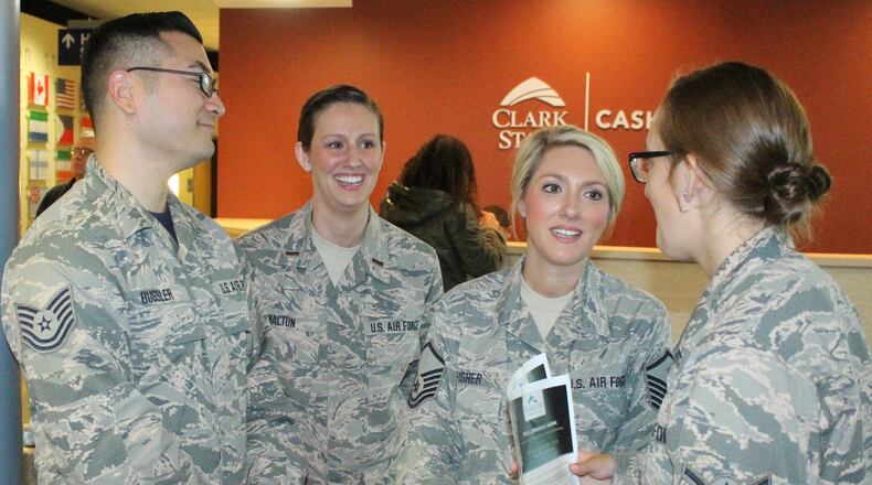 Clark State College has been named as one of the Nation’s Top Military Spouse Friendly Schools, ranking third in the nation. Here in this file photo, military members (left) Jonathan Bussler, Jenna Walton, Andrea Fisher and Anna Rohr discussed the proposed tuition discount from Clark State College for military members and their spouses. FILE/STAFF