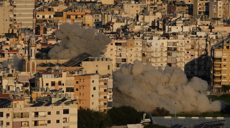 Smoke rises from Israeli airstrikes in Dahiyeh, a southern suburb of Beirut, Lebanon, Tuesday, March 3, 2026. (AP Photo/Hussein Malla)