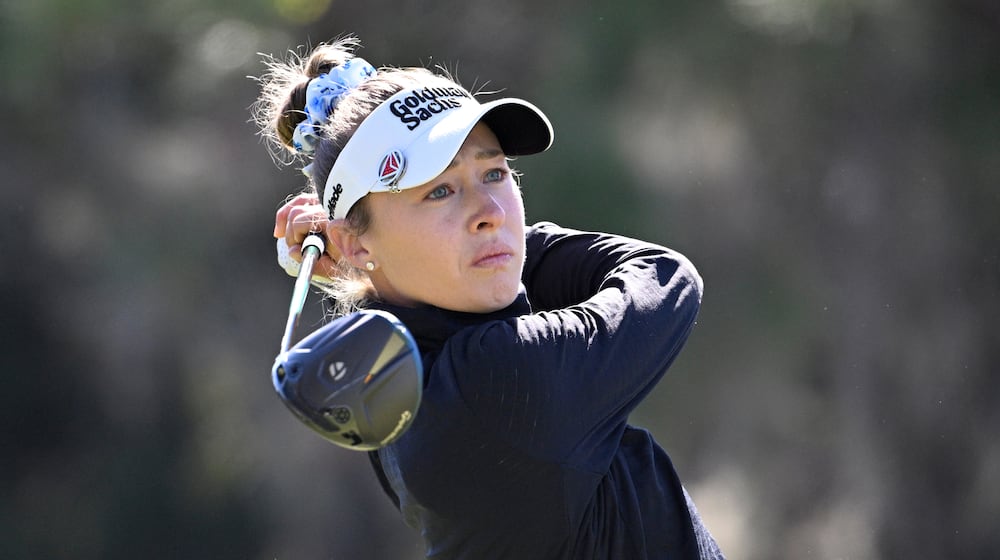 Nelly Korda tees off on the ninth hole during the first round of the Tournament of Champions LPGA golf tournament, Thursday, Jan. 29, 2026, in Orlando, Fla. (AP Photo/Phelan M. Ebenhack)