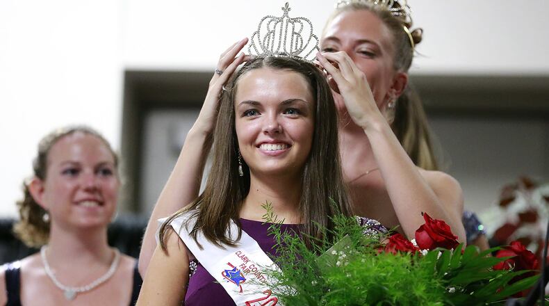 The 2016 Clark County Fair Queen Lea Kimley smiles as the crown is placed on her head by last year’s queen Rachel Parker at the Clark County Fair. Bill Lackey/Staff