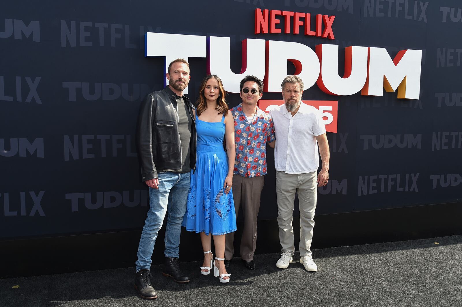 Ben Affleck, from left, Catalina Sandino Moreno, Steven Yeun and Matt Damon arrive at Netflix TUDUM 2025: The Live Event on Saturday, May 31, 2025, at Kia Forum in Inglewood, Calif. (Photo by Richard Shotwell/Invision/AP)