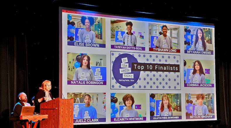 Kelly Rigger, CEO of Mental Health Services of Clark and Madison Counties, Inc., was the keynote speaker at the "Do The Write Thing" ceremony Tuesday, May 9, 2023. The ceremony honors the top 10 finalists in the "Do The Write Thing" challenge, a national program that asks middle-schoolers write essays explaining how youth violence affects them and what they can do to help stop it. BILL LACKEY/STAFF