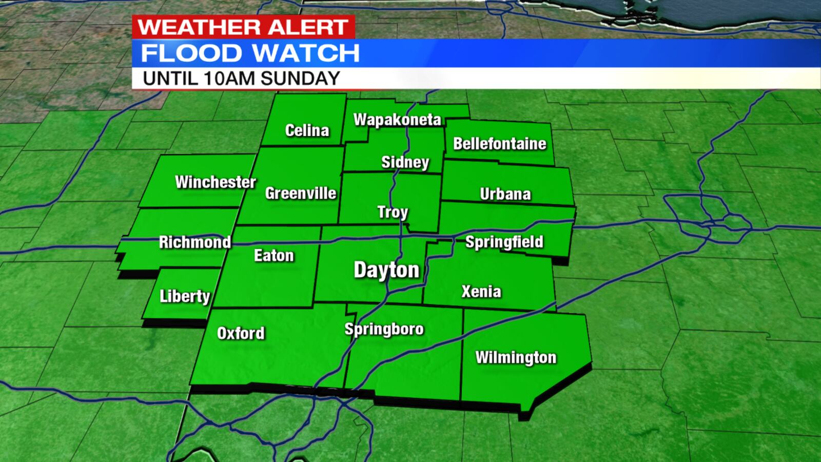 A Flood Watch is in effect until 10 a.m. Sunday for the entire region