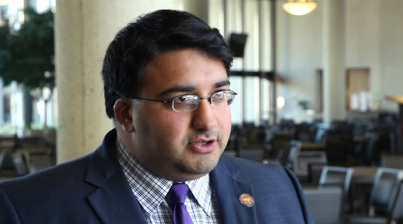 State Rep. Niraj Antani talks with reporters about Ohio Supreme Court Justice William M. O’Neill recusing himself from “future matters” on the court following his announcement that he is running as a Democrat for governor but not stepping down from the court. TY GREENLEES / STAFF
