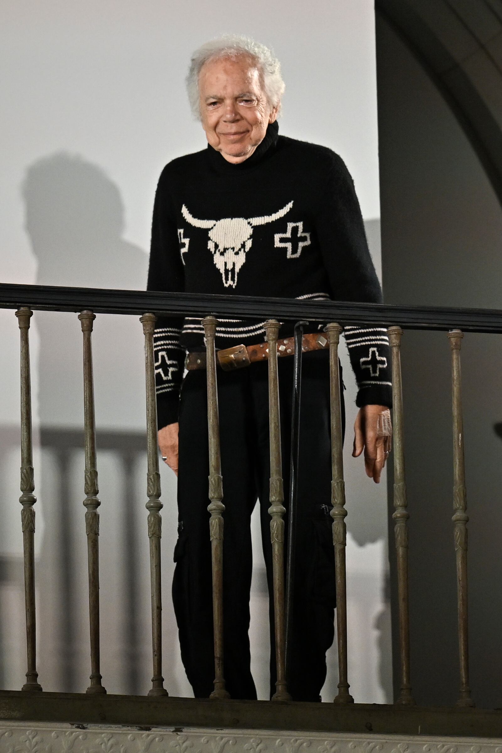 Ralph Lauren greets the audience at the Ralph Lauren Fall 2025 presentation on Thursday, April 17, 2025, in New York. (Photo by Evan Agostini/Invision/AP)
