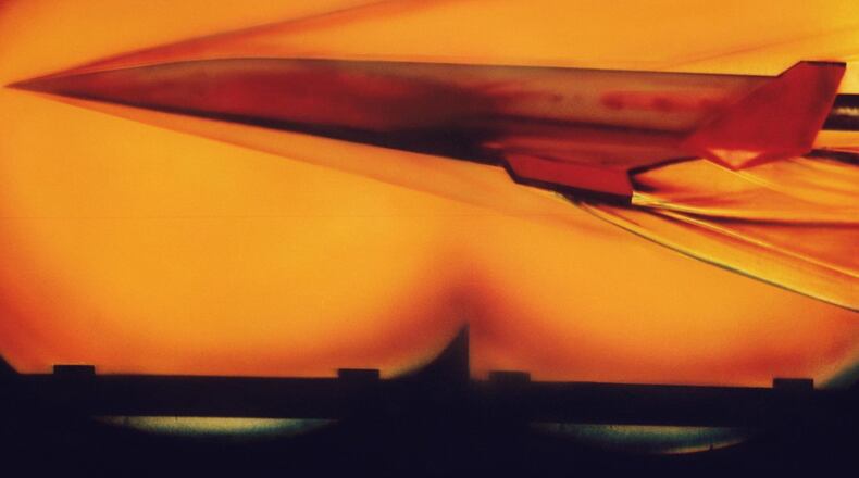 A model of a hypersonic vehicle is tested in a wind tunnel at the NASA Langley Research Center in Virginia Dec. 10, 2009. A new graduate certificate program in hypersonic flight is now offered by the Air Force Institute of Technology, designed to produce technical professionals who can understand, evaluate and communicate the unique complexities of the hypersonic flight environment. (Photo By NASA Langley Research Center)