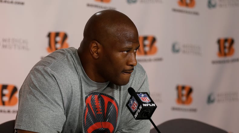 Cincinnati Bengals linebacker James Harrison speaks at a news conference, Tuesday, May 14, 2013, at Paul Brown Stadium in Cincinnati. Harrison signed with the NFL football Bengals as a free agent from the Pittsburgh Steelers. (AP Photo/Al Behrman)