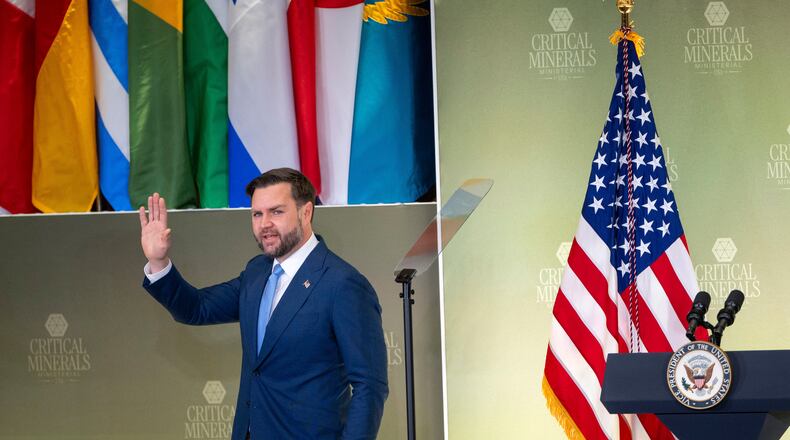 Vice President JD Vance steps away from the podium after speaking at the Critical Minerals Ministerial meeting at the State Department, Wednesday, Feb. 4, 2026 in Washington. (AP Photo/Kevin Wolf)