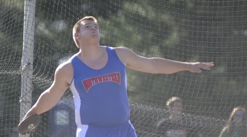 Northwestern junior Adam Riedinger won the discus. The first day of the D-II regional track and field meet was at Piqua on Thu., May 24, 2018. MARC PENDLETON / STAFF