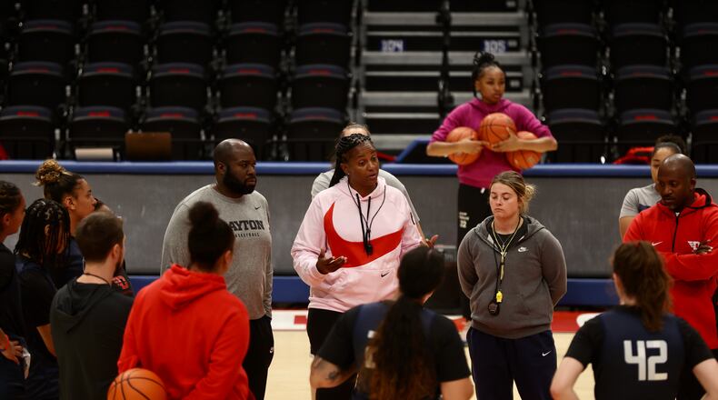 Dayton's Tamika Williams-Jeter talks to the team at practice on Tuesday, Oct. 4, 2022, at UD Arena. David Jablonski/Staff