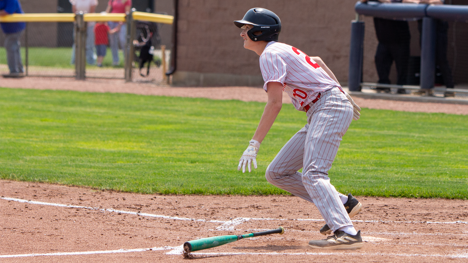 Cedarville's Cooper Hardy watches his two-run single in the fourth inning in Wednesday's Division VII region final victory over Fayetteville-Perry at Cedarville University. Jeff Gilbert/CONTRIBUTED