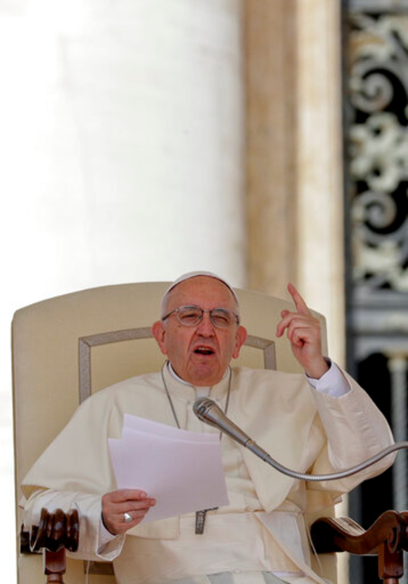 FILE - Pope Francis delivers his speech during his weekly general audience, in St.Peter's Square at the Vatican, Wednesday, April 25, 2018. (AP Photo/Andrew Medichini, File)