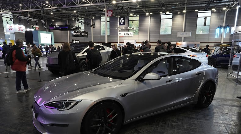 FILE - A Tesla Model S is pictured at the Paris Auto Show, in Paris, Oct. 14, 2024. (AP Photo/Michel Euler, File)