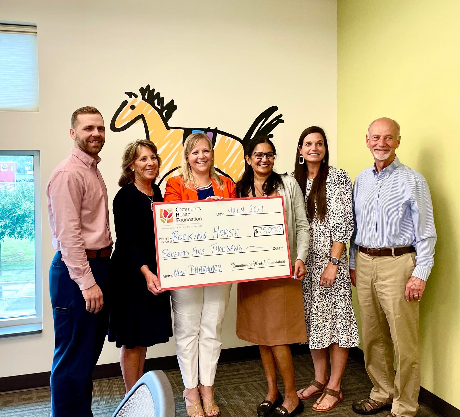 Rocking Horse Community Health Center is one of 15 local organizations to receive an outreach funding from Community Health Foundation. (Left to right) Andrew Straw, pharmacist; Joy Rogers, CHF Executive Director; Stephanie McCuistion, CHF Board president; Yamini Teegala, M.D., Rocking Horse Chief Medical Officer; Candace Copeland, Rocking Horse Board vice president; and Wes Babian, Rocking Horse Board president. CONTRIBUTED