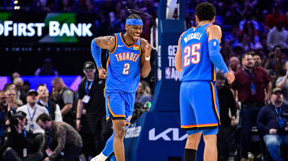 Oklahoma City Thunder guard Shai Gilgeous-Alexander (2) celebrates during the first half of an NBA basketball game against the Denver Nuggets Monday, Mar. 9, 2026, in Oklahoma City. (AP Photo/Gerald Leong)