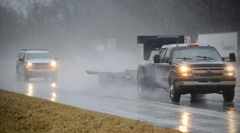 Heavy rainfall Thursday morning February 22, 2022 causes standing water along route four near Huber Heights.