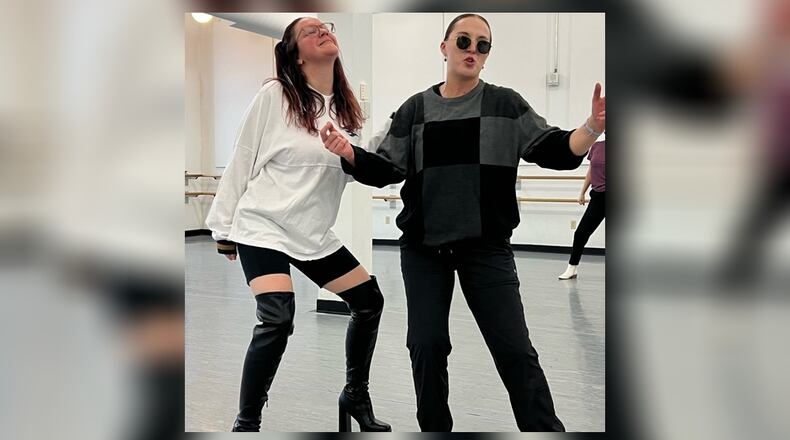 Krissy Hartman as Magenta and Taylor Elizabeth Nelson as Riff Raff rehearse for Springfield Civic Theatre's production of "The Rocky Horror Show," the stage version of the beloved cult classic coming to the John Legend Theater, Thursday through Saturday. CONTRIBUTED