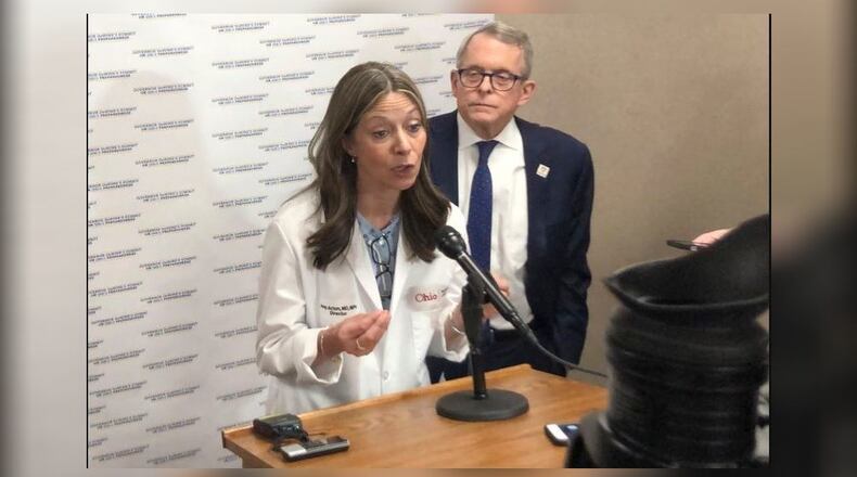 Dr. Amy Acton, director, Ohio Department of Health, and Gov. Mike DeWine at news conference in Columbus on coronavirus, Thursday, March 5, 2020. (AP)