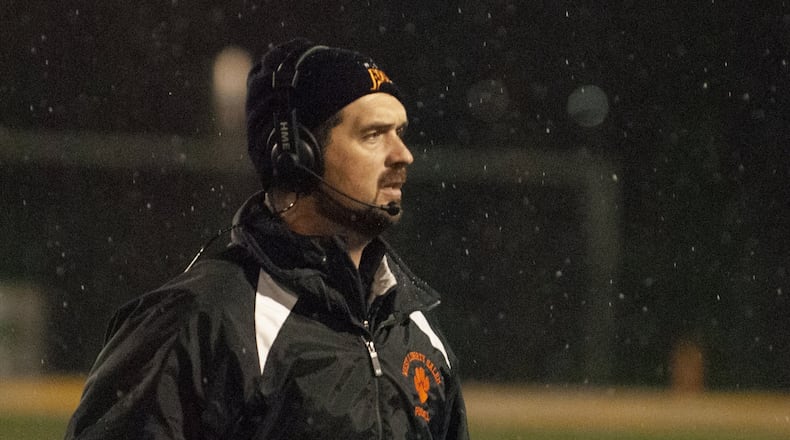West Liberty-Salem head coach Dan McGill watches during the first half of his team’s Division V Region 20 final against West Jefferson on Saturday, Nov. 23, at Sidney Memorial Stadium. Jeff Gilbert/CONTRIBUTED