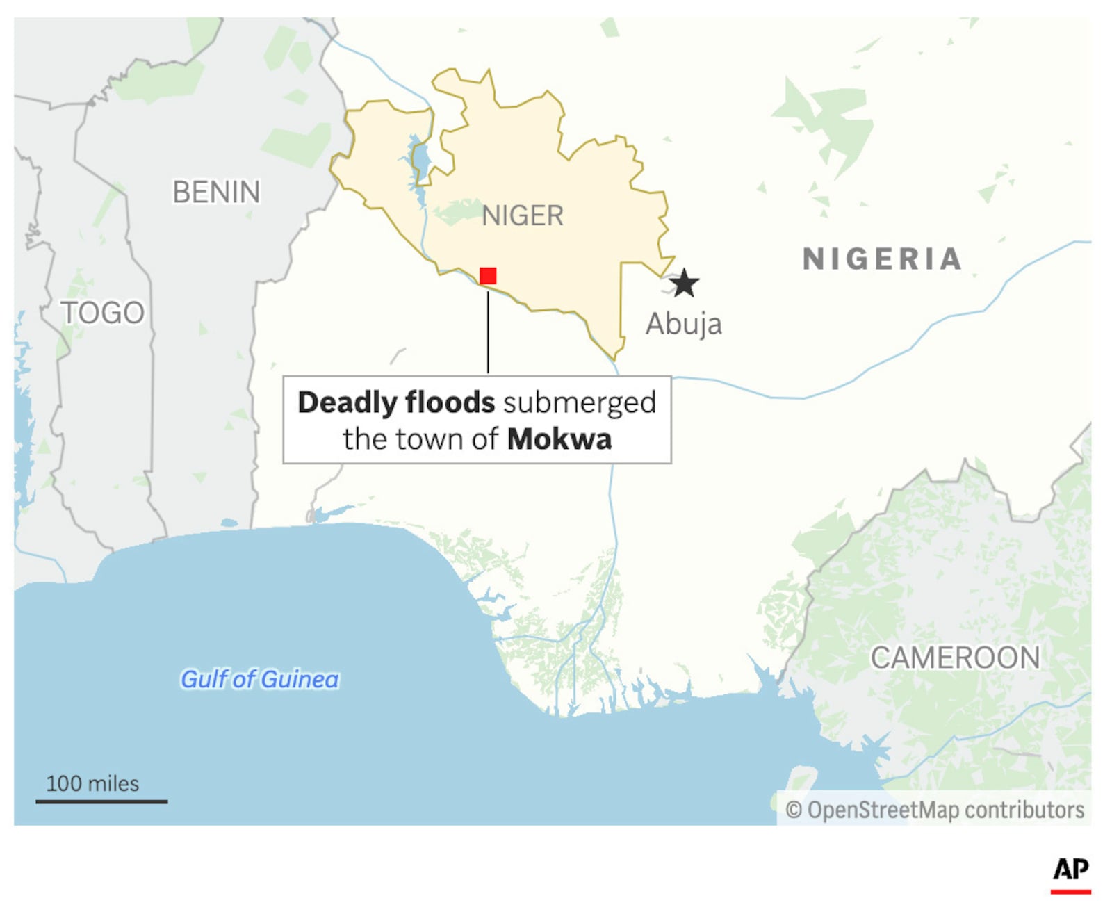 The map above locates Mokwa, Nigeria, where floods have submerged the town and caused at least 100 deaths. (AP Graphic)